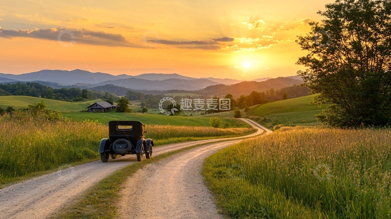 高清大图下载【趣麦麦图】乡村公路上的老式汽车