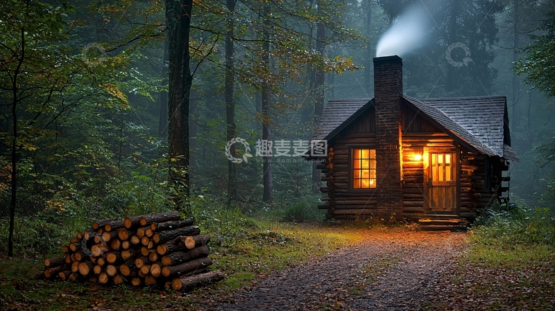 高清大图下载【趣麦麦图】森林小屋夜景生火