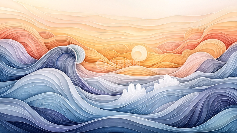 高清大图下载【趣麦麦图】水彩日出海浪插画