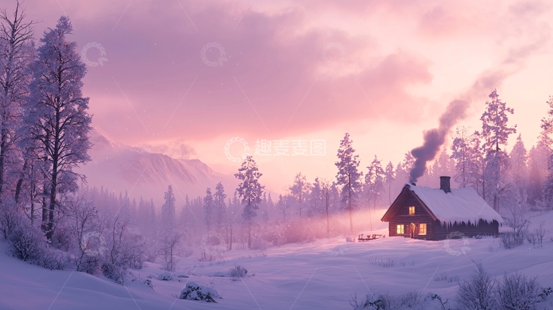 高清大图下载【趣麦麦图】雪地小屋与紫色天空