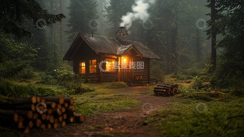 高清大图下载【趣麦麦图】林中小屋夜晚