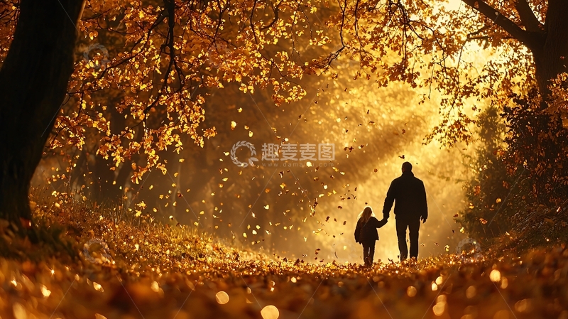 高清大图下载【趣麦麦图】父亲和孩子秋日漫步