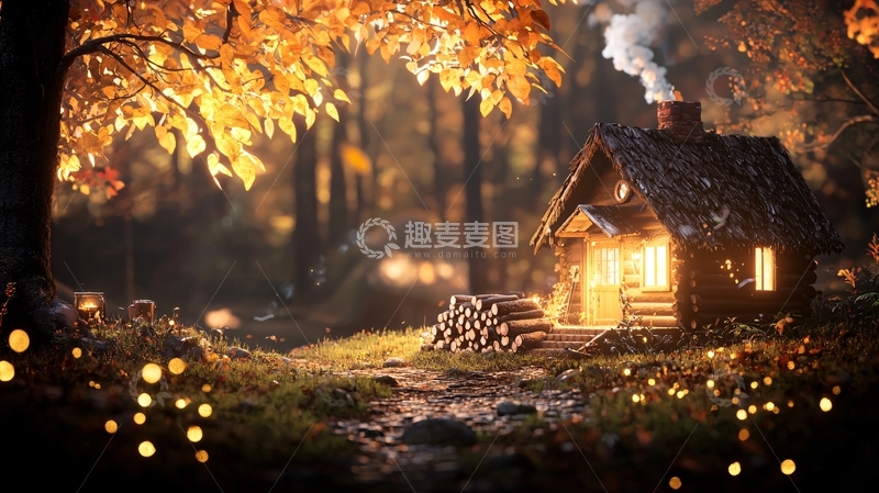 高清大图下载【趣麦麦图】秋日森林小屋