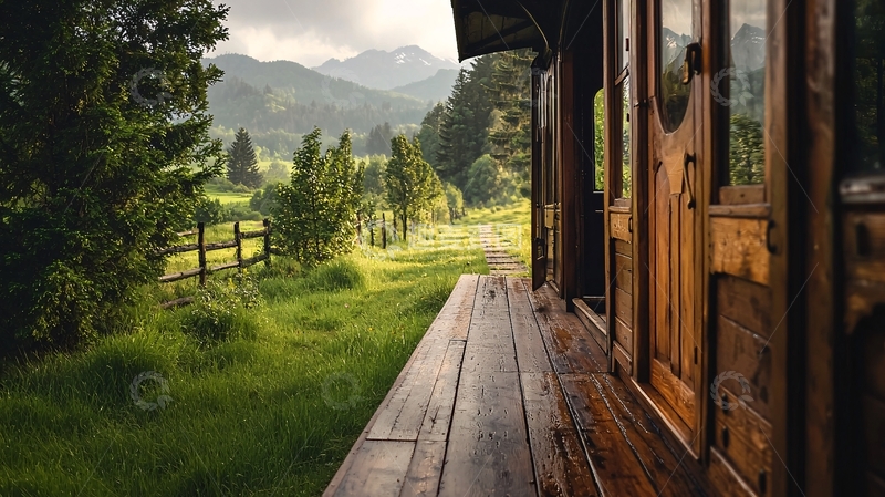 高清大图下载【趣麦麦图】木屋旁的绿色田野风光