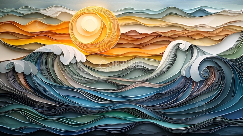 高清大图下载【趣麦麦图】海浪夕阳艺术纸张质感