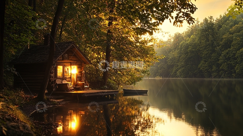 高清大图下载【趣麦麦图】湖边小屋夕阳景色