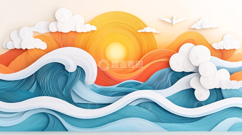 高清大图下载【趣麦麦图】海浪阳光云朵的纸艺风格