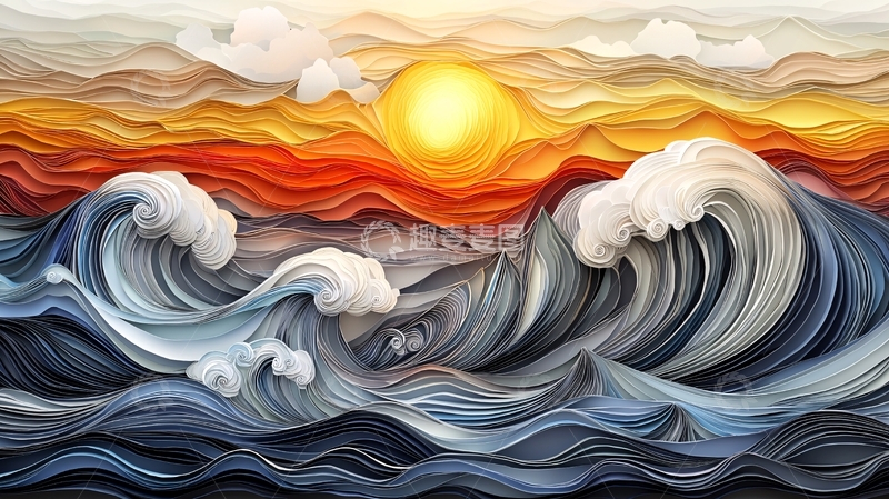 高清大图下载【趣麦麦图】波涛汹涌的日出海面