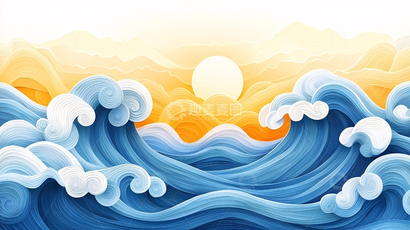 高清大图下载【趣麦麦图】海浪日出水彩风格插画