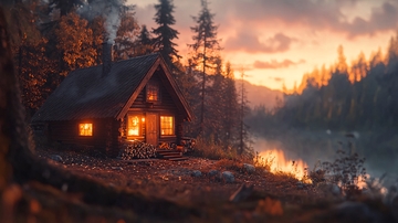 林间小屋日落美景