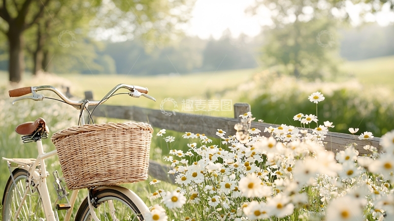高清大图下载【趣麦麦图】田园风自行车与雏菊花海