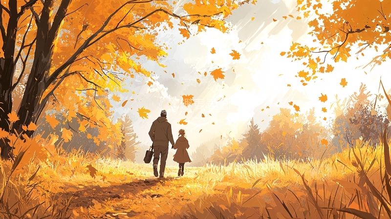 高清大图下载【趣麦麦图】秋天父女田野散步