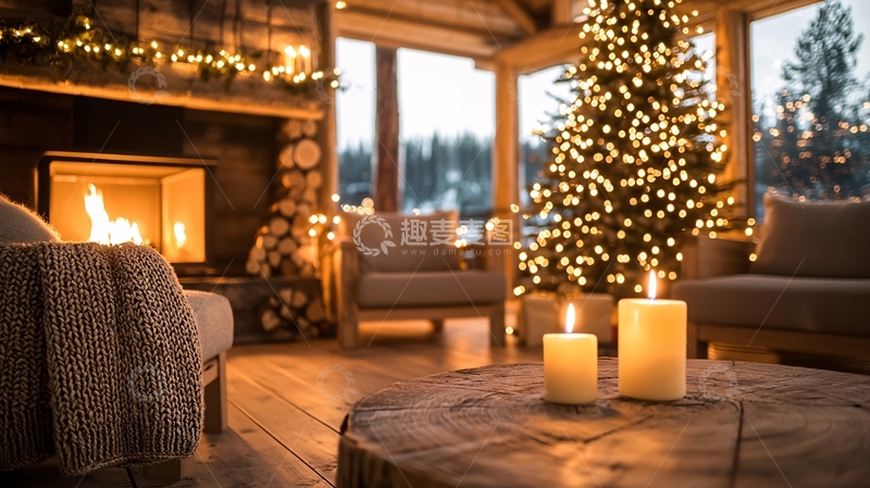 高清大图下载【趣麦麦图】温馨壁炉旁圣诞树小屋