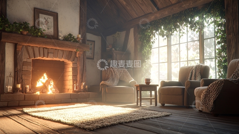 高清大图下载【趣麦麦图】温暖舒适壁炉旁小屋