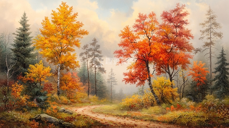 高清大图下载【趣麦麦图】秋日森林油画风景