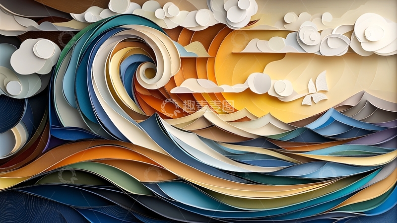 高清大图下载【趣麦麦图】纸艺海浪卷曲太阳云朵