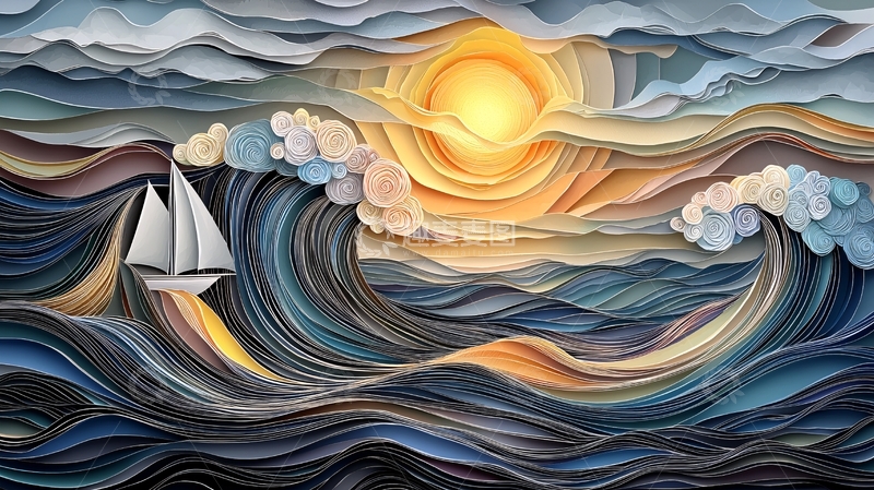 高清大图下载【趣麦麦图】海浪帆船日出抽象画