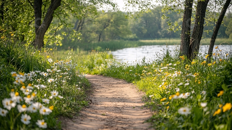 高清大图下载【趣麦麦图】林间小路通向湖边美景