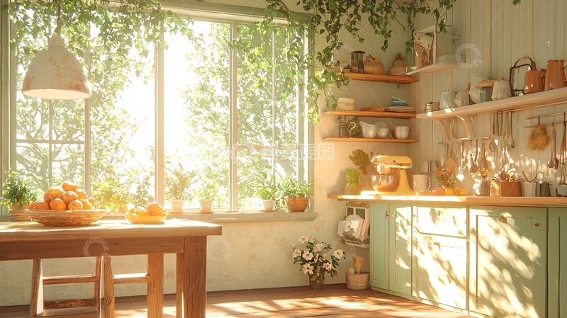 高清大图下载【趣麦麦图】明媚阳光洒进绿色厨房