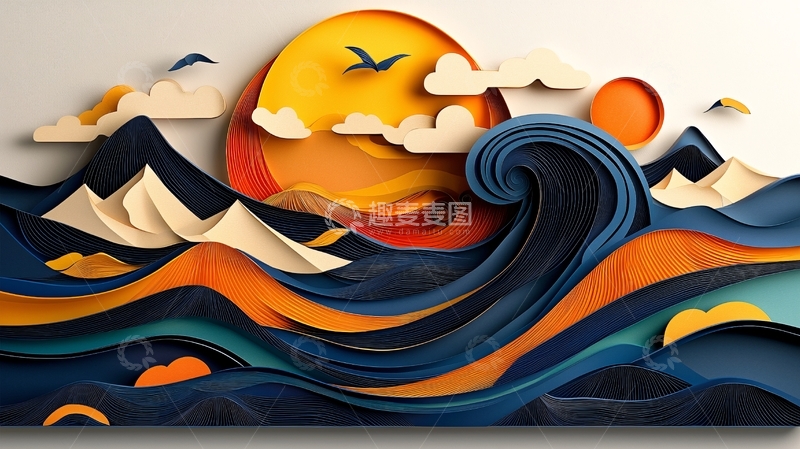 高清大图下载【趣麦麦图】纸艺日出海浪山峰