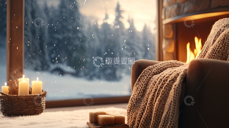 高清大图下载【趣麦麦图】舒适壁炉雪景小屋