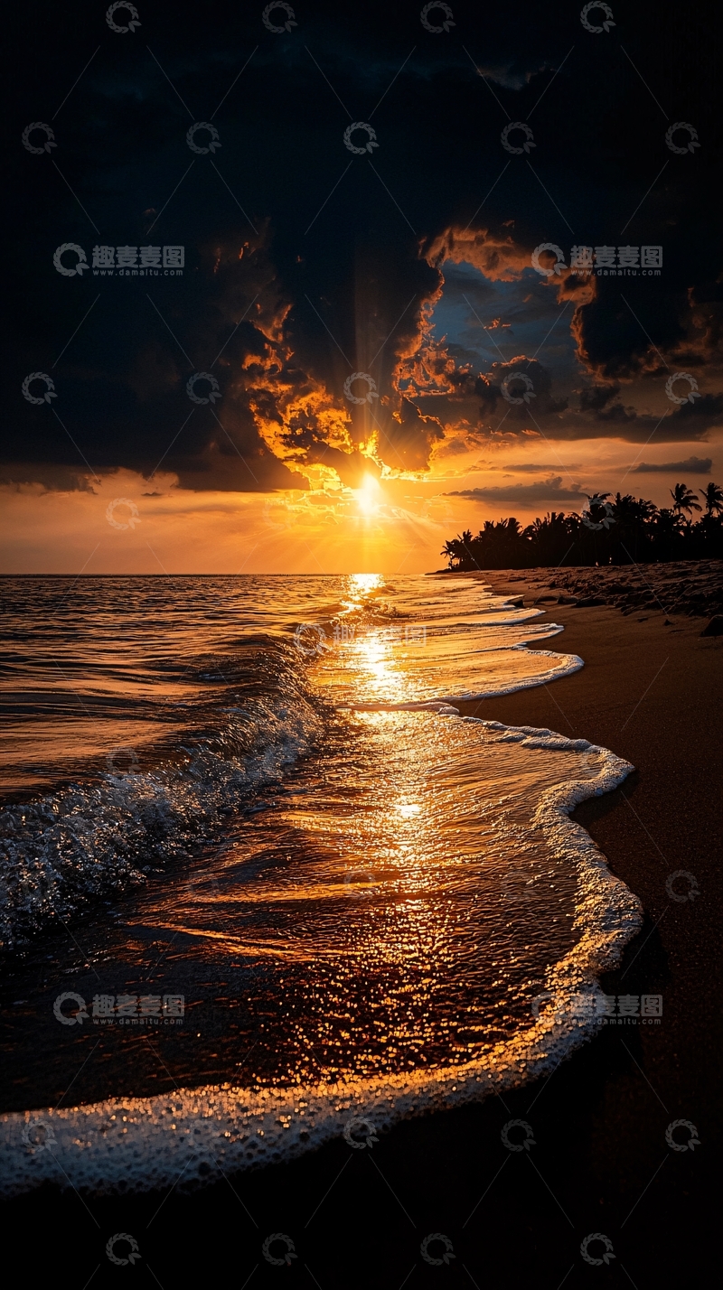 高清大图下载【趣麦麦图】夕阳海滩波光粼粼