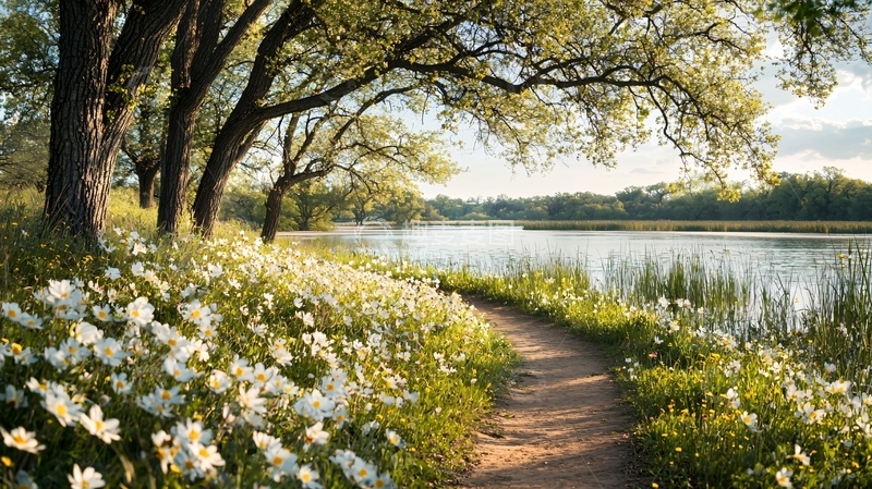 高清大图下载【趣麦麦图】湖边小路与繁花盛开的树木