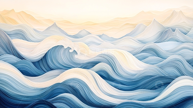 高清大图下载【趣麦麦图】蓝色波浪起伏的山水画