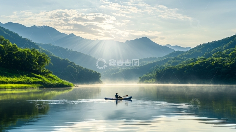 高清大图下载【趣麦麦图】湖面渔船山景晨曦