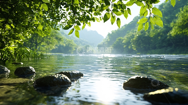 高清大图下载【趣麦麦图】绿树掩映下的清澈河流