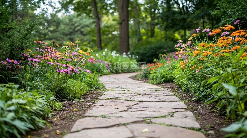 高清大图下载【趣麦麦图】花园小径鲜花盛开