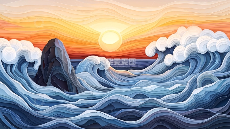 高清大图下载【趣麦麦图】波涛汹涌的日落海景