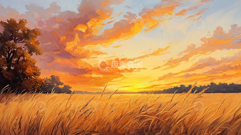 高清大图下载【趣麦麦图】金色麦田日落美景