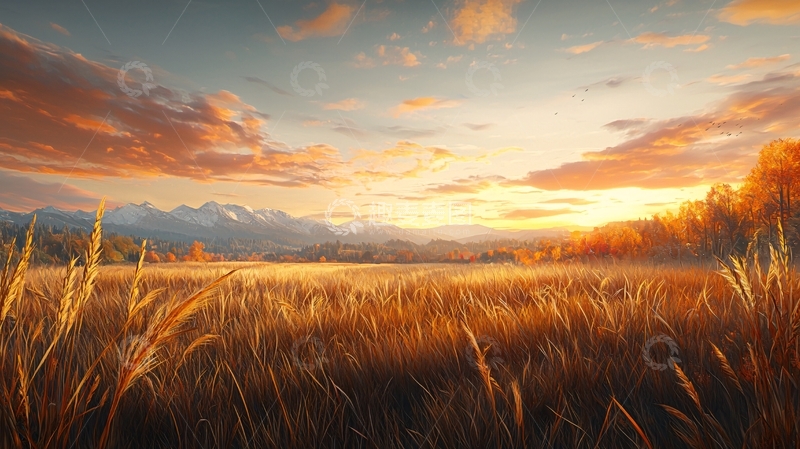高清大图下载【趣麦麦图】金色麦田日落美景