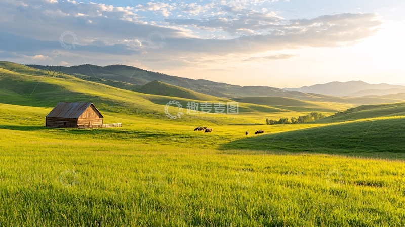 高清大图下载【趣麦麦图】绿色山丘上的小屋