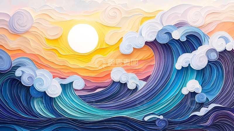 高清大图下载【趣麦麦图】波涛汹涌的海洋日出