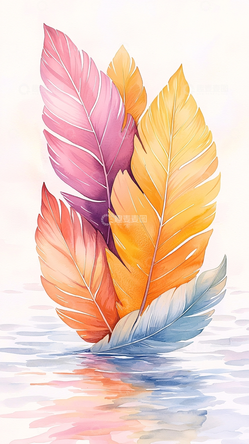 高清大图下载【趣麦麦图】彩色羽毛水面倒影