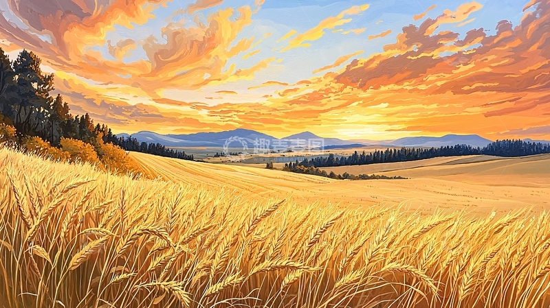 高清大图下载【趣麦麦图】金色麦田日落景色