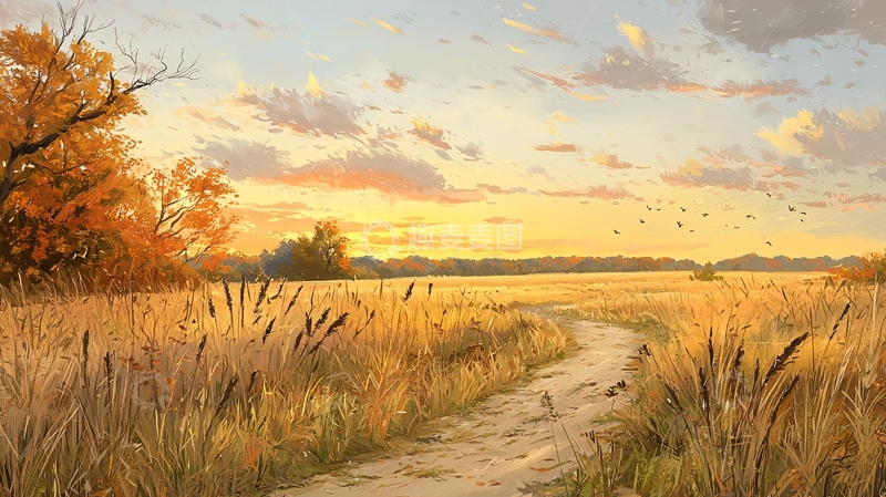 高清大图下载【趣麦麦图】秋日金黄田野小路