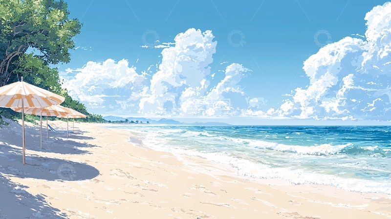 高清大图下载【趣麦麦图】海滩与蓬松白云的动漫风