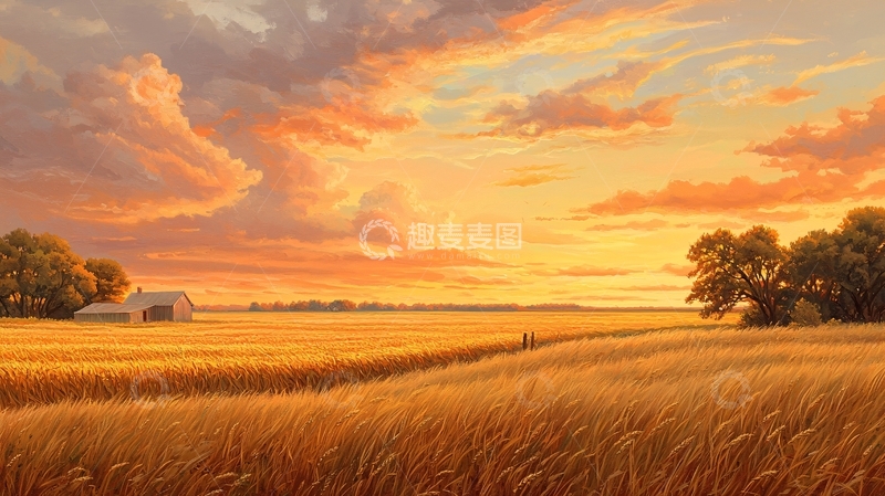 高清大图下载【趣麦麦图】金色麦田日落美景