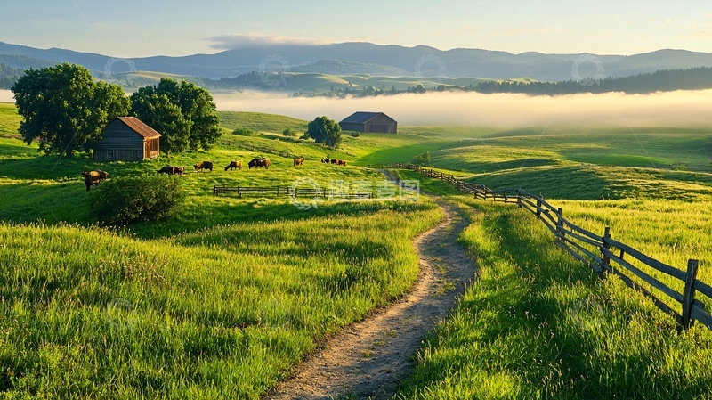 高清大图下载【趣麦麦图】绿色田野小屋晨曦