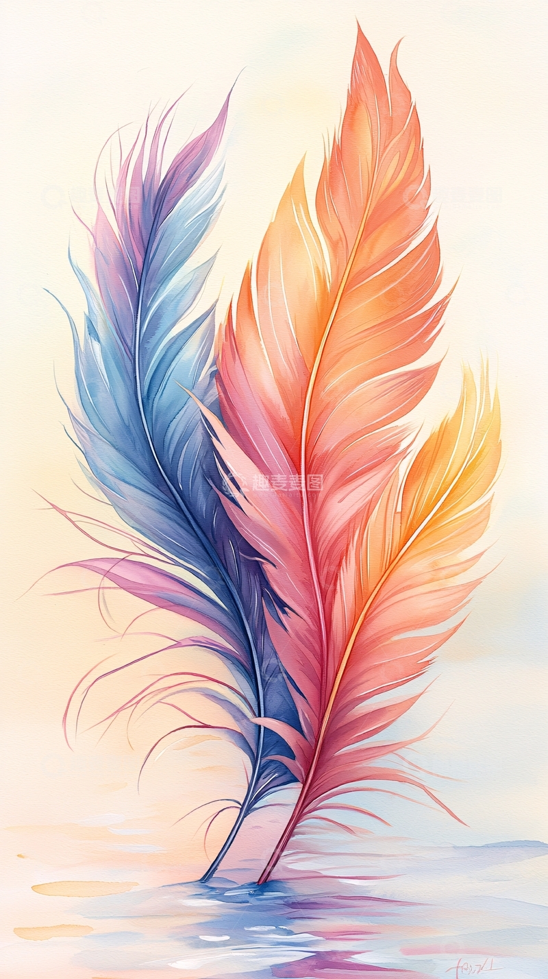 高清大图下载【趣麦麦图】彩色水彩羽毛的特写