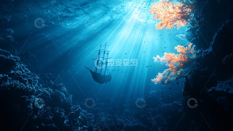 高清大图下载【趣麦麦图】深海沉船阳光穿透