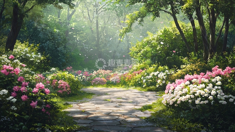 高清大图下载【趣麦麦图】林间小路鲜花盛开