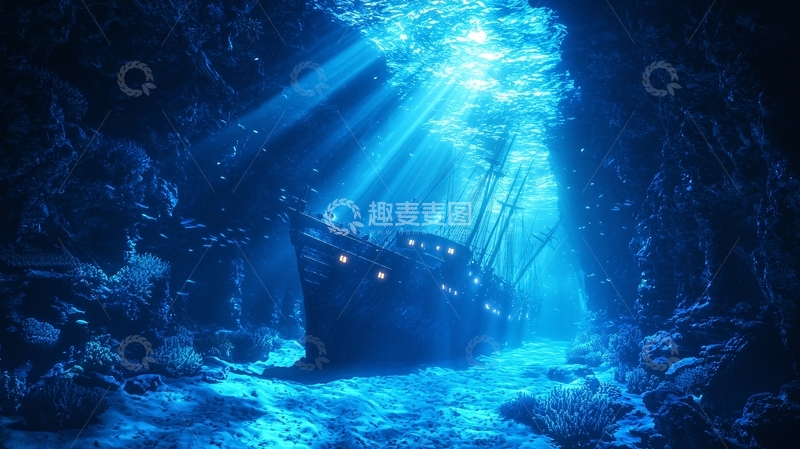 高清大图下载【趣麦麦图】沉船在幽暗海底