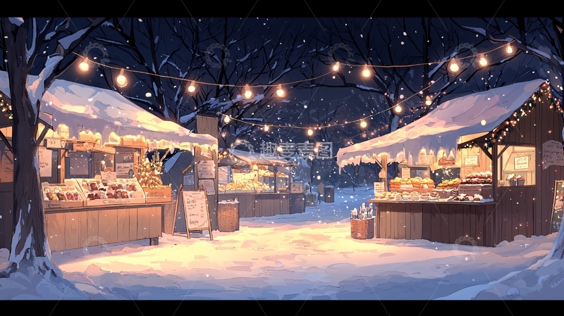 高清大图下载【趣麦麦图】冬季集市灯光闪烁的夜晚