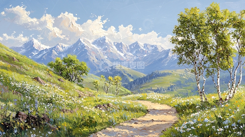 高清大图下载【趣麦麦图】雪山草地油画风景