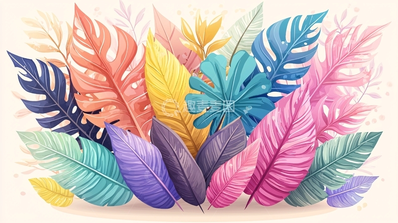 高清大图下载【趣麦麦图】彩色羽毛和树叶组合