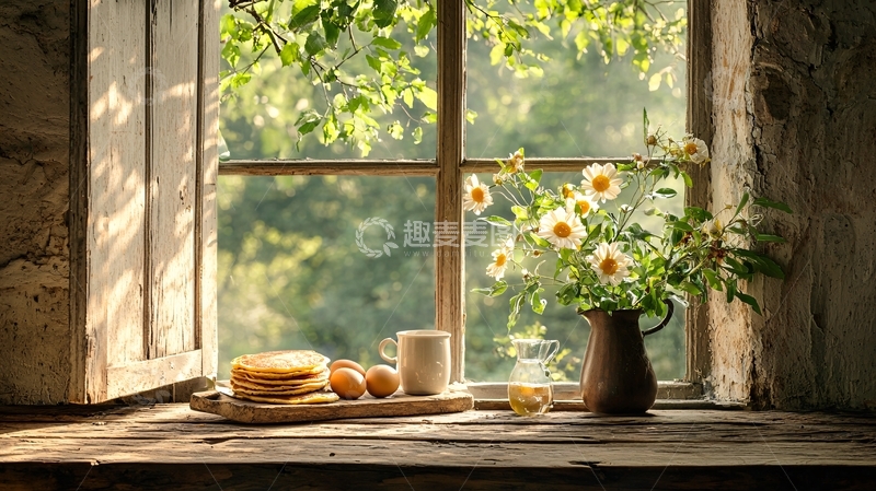 高清大图下载【趣麦麦图】窗口前的早餐静物